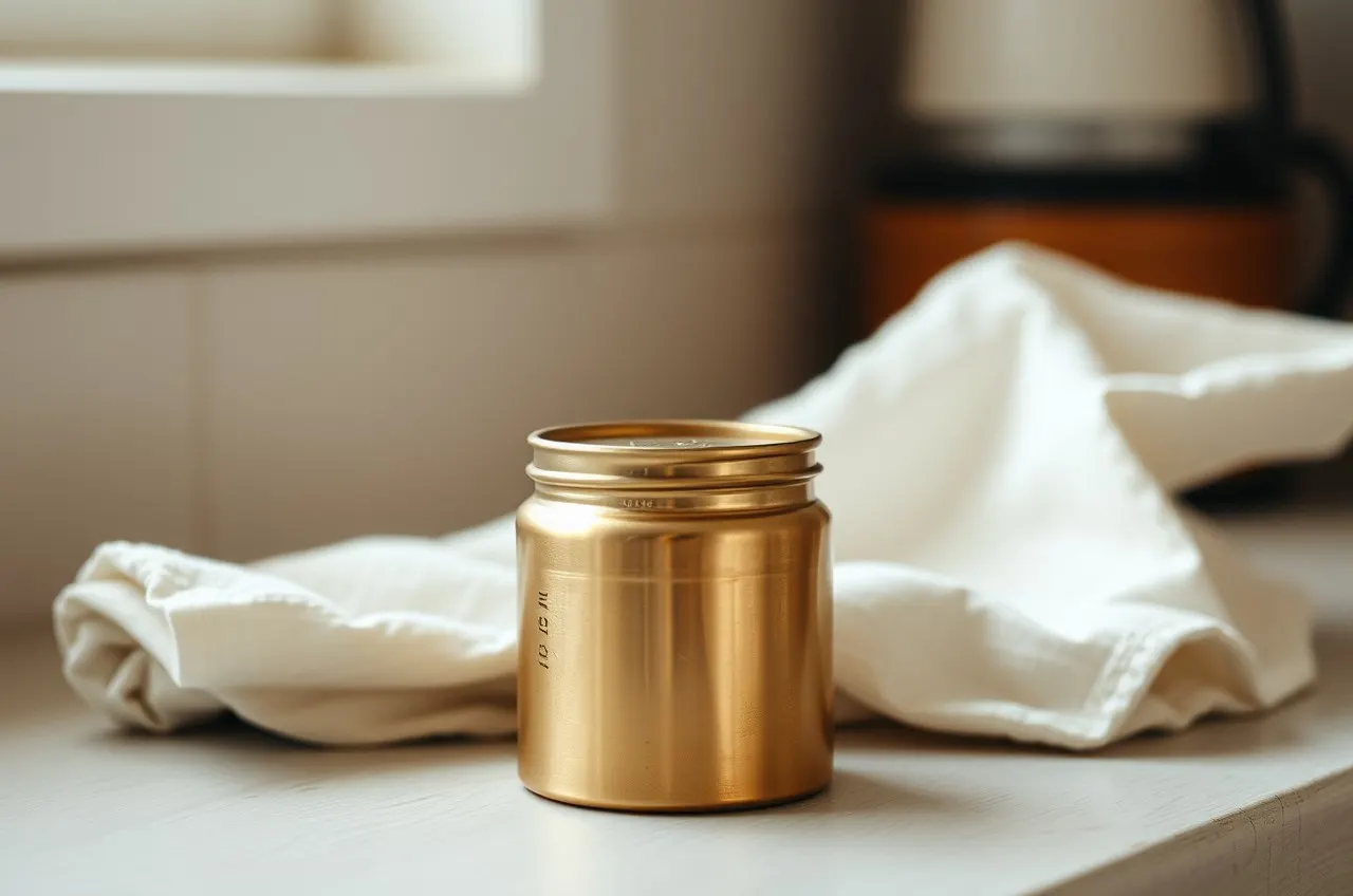 Photograph of a closed brass container on a kitchen counter beside a folded cloth