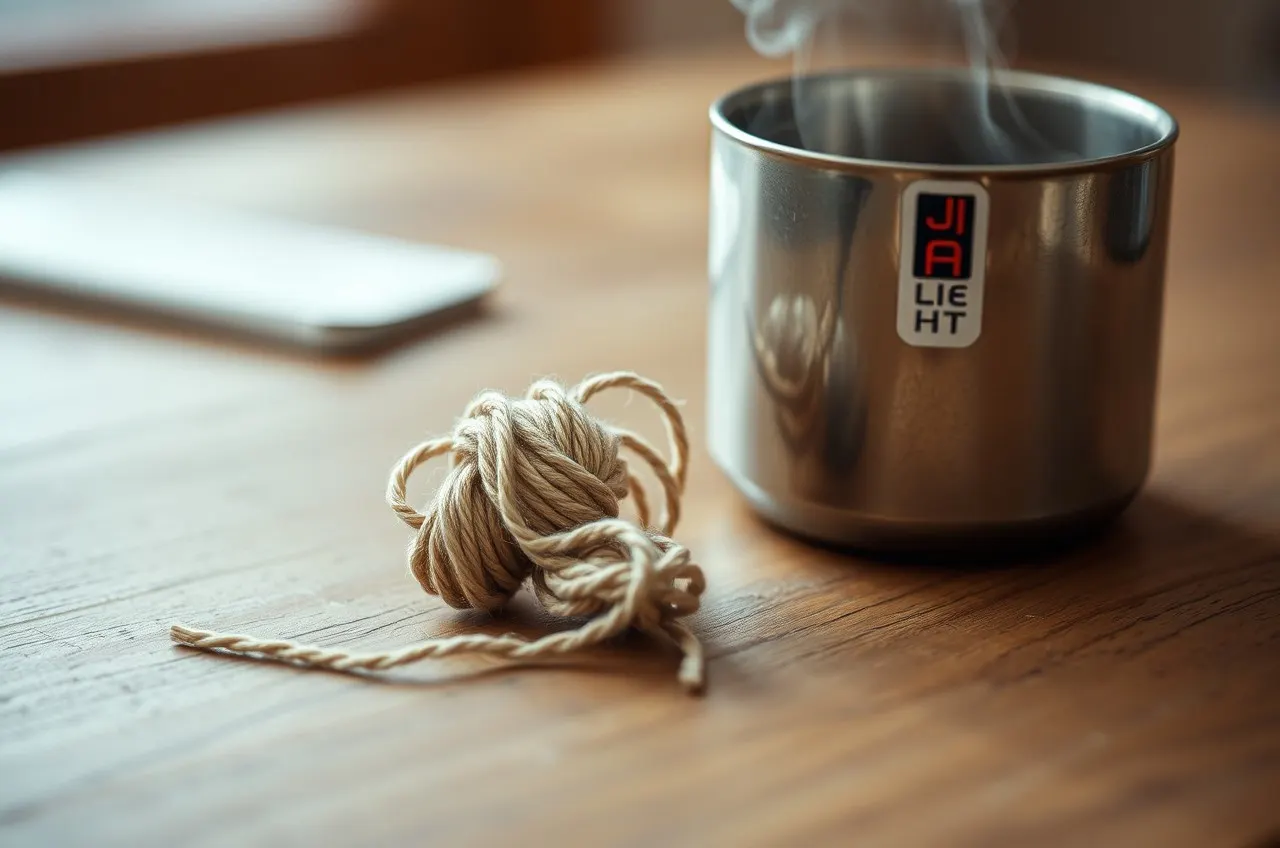 Photograph of a tangled knot of string beside a steaming steel chai tumbler