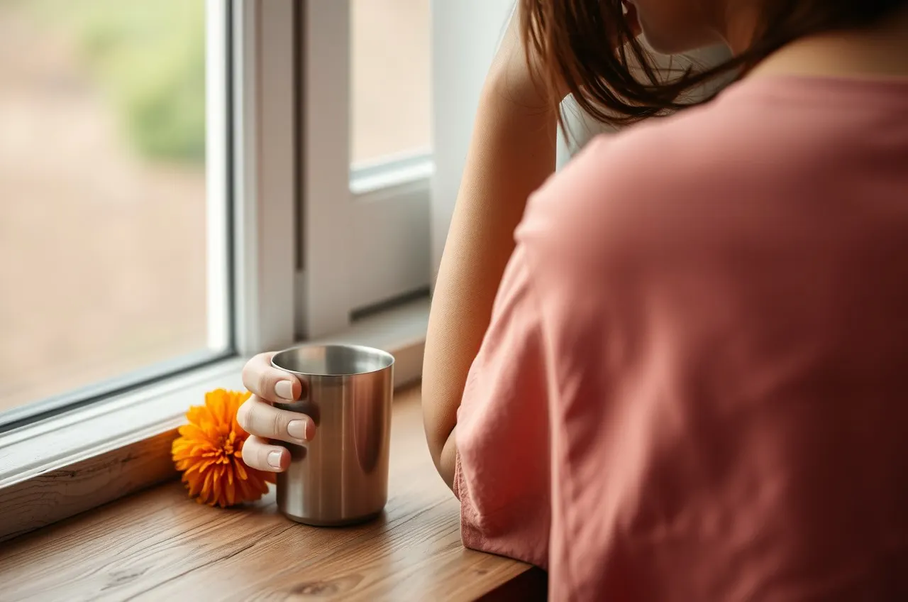 Photograph of a hand resting beside a steel chai tumbler and a marigold flower