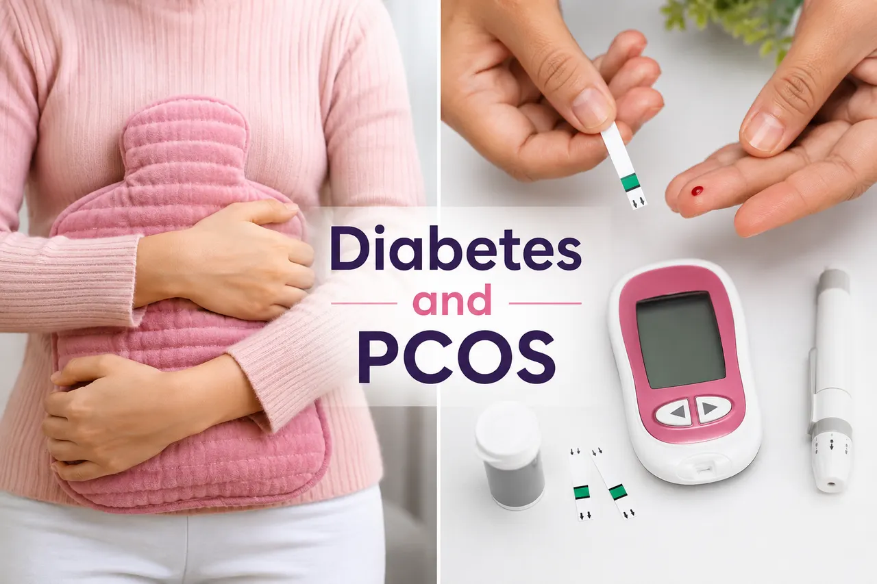Line illustration linking PCOS and blood sugar through a shared insulin node