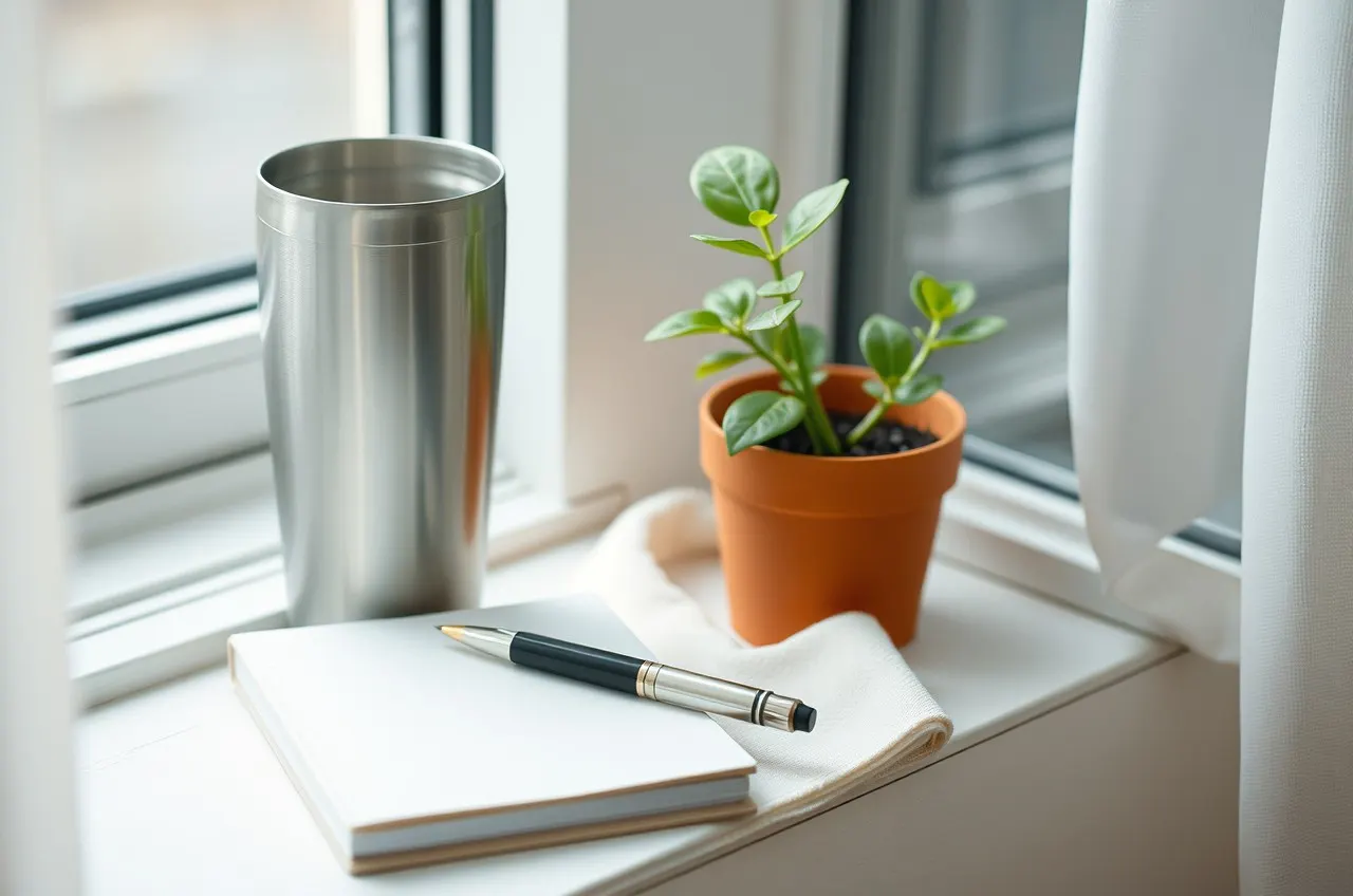 Photograph of a steel tumbler, a blank notebook, and a potted plant on a windowsill