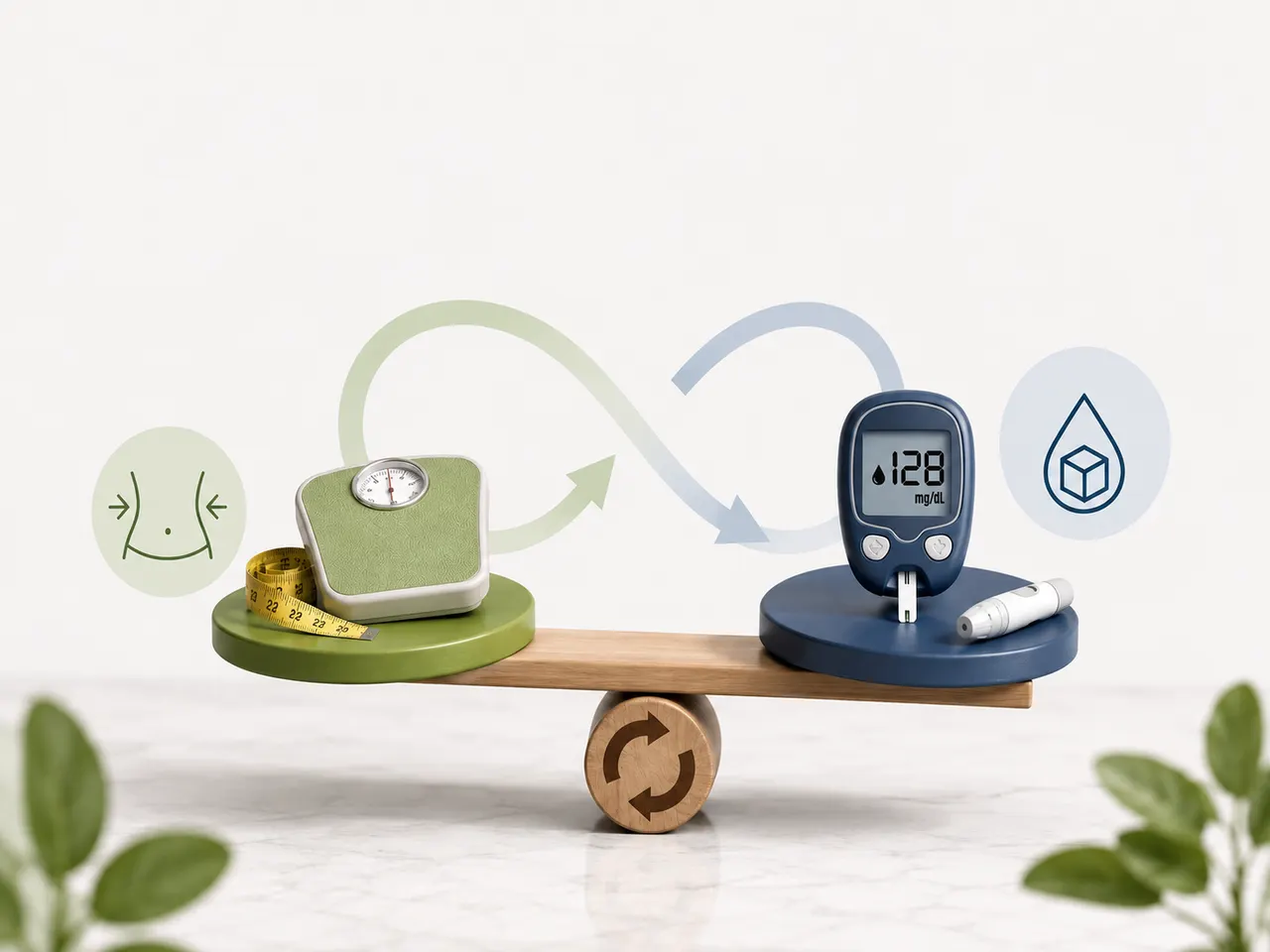 Line illustration of a two-way loop between weight and blood sugar