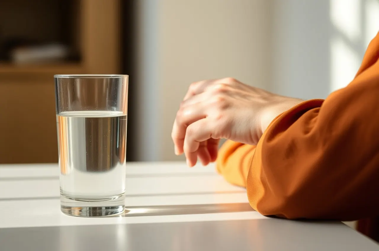 Photograph of a hand beside a glass of water on a table