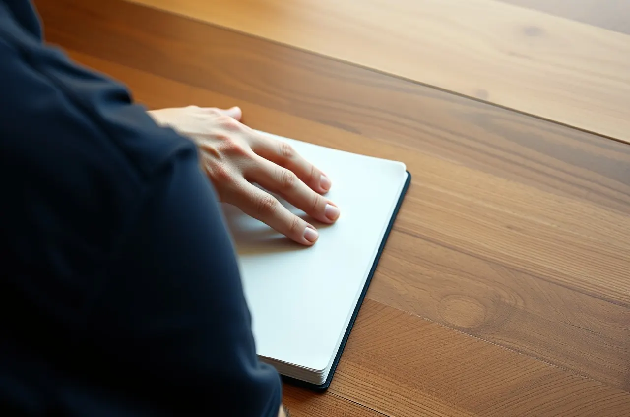 Photograph of a hand resting on a closed plain notebook on a wooden desk