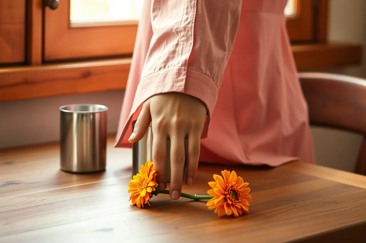 Photograph of a hand beside a steel chai tumbler and a marigold flower