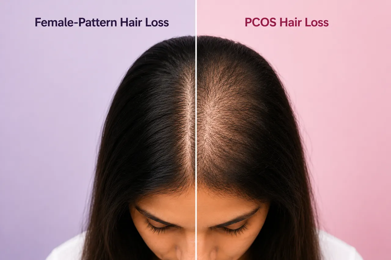 Two simple line diagrams comparing scalp thinning patterns