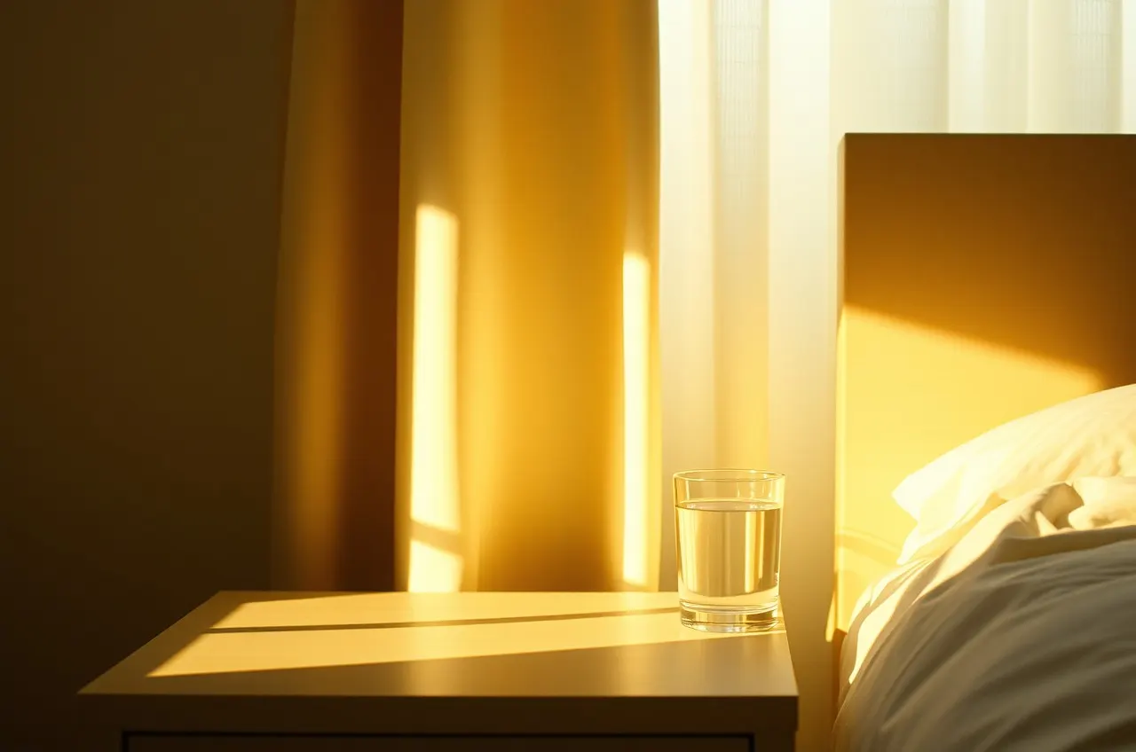 Photograph of golden morning light through a curtain onto a bedside table