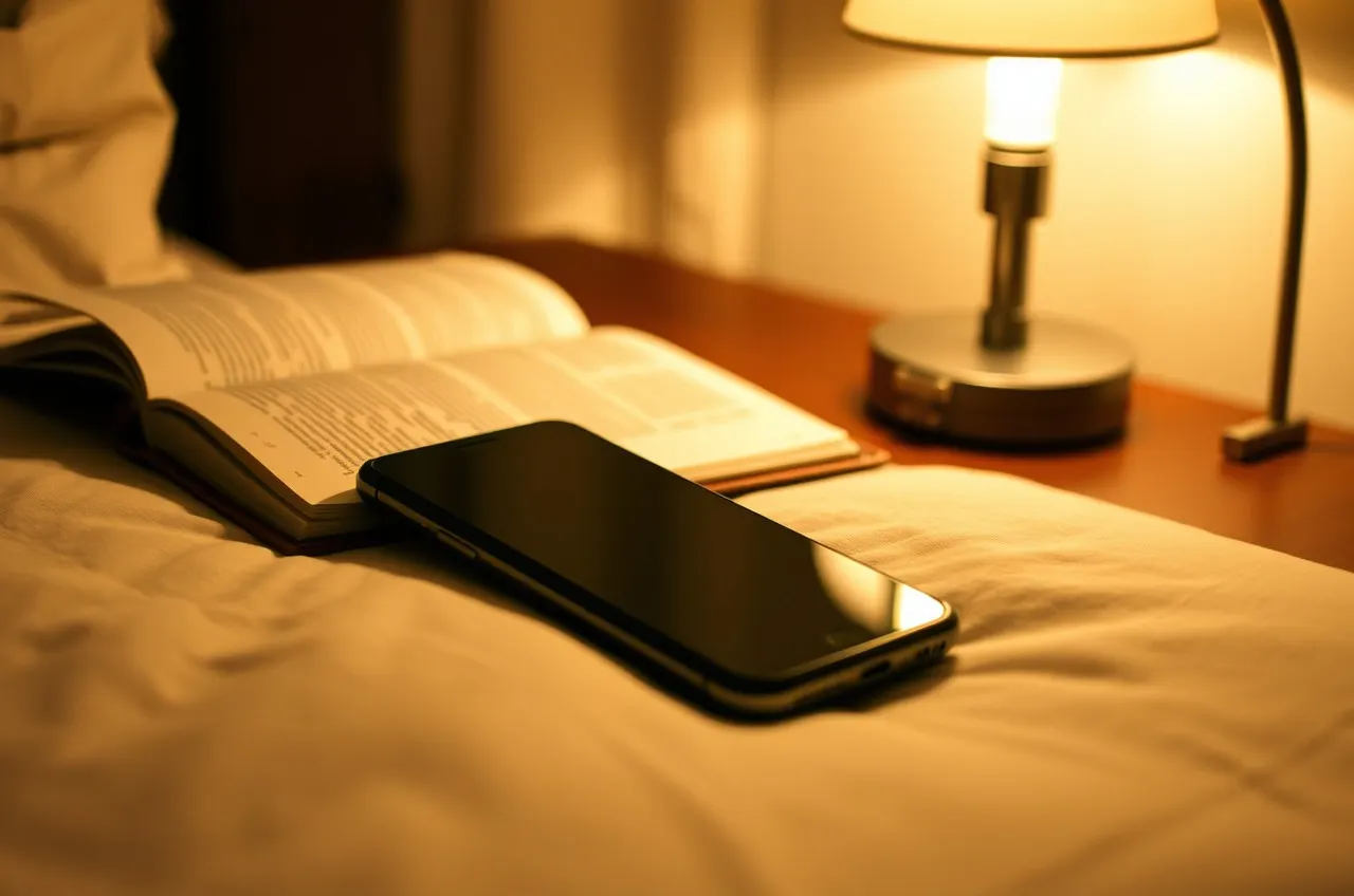 Photograph of a phone resting face-down on a nightstand beside a book and lamp
