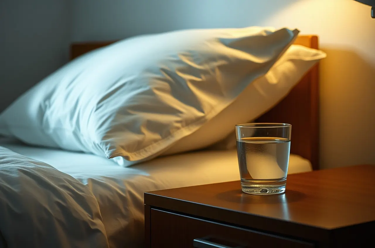 Photograph of a folded pillow and a glass of water on a nightstand