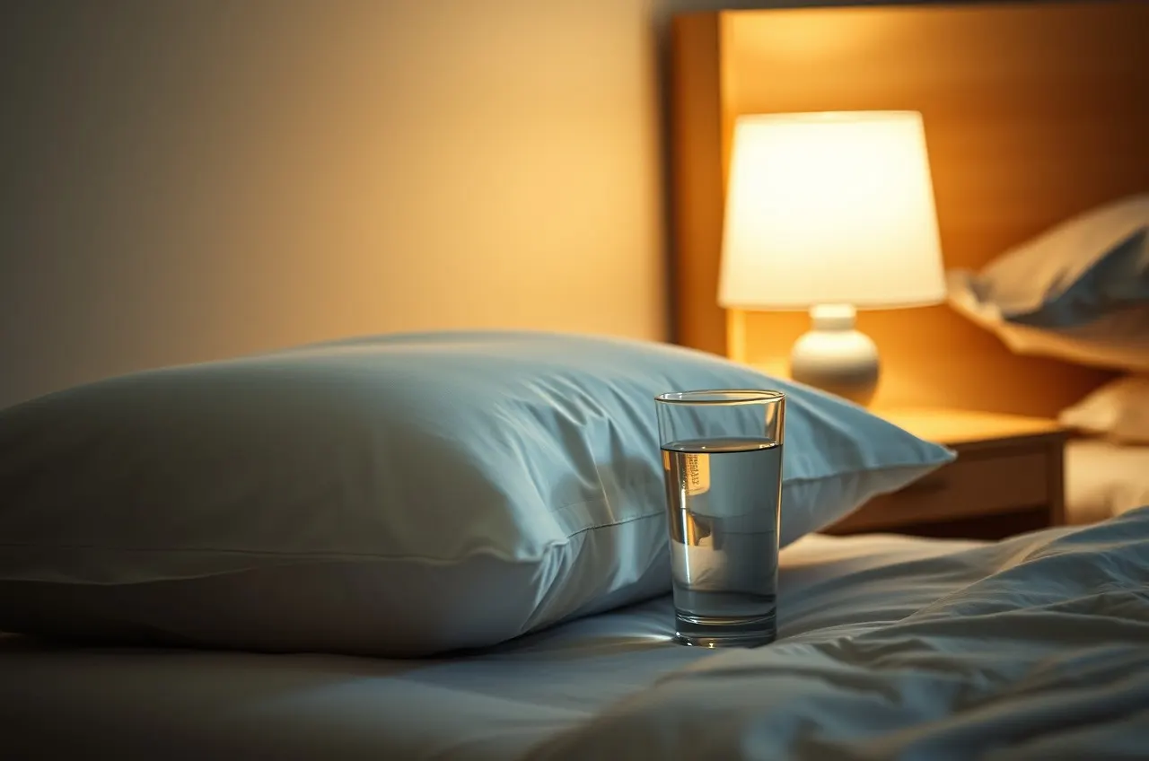 Photograph of a pillow and a glass of water on a nightstand beside a lamp