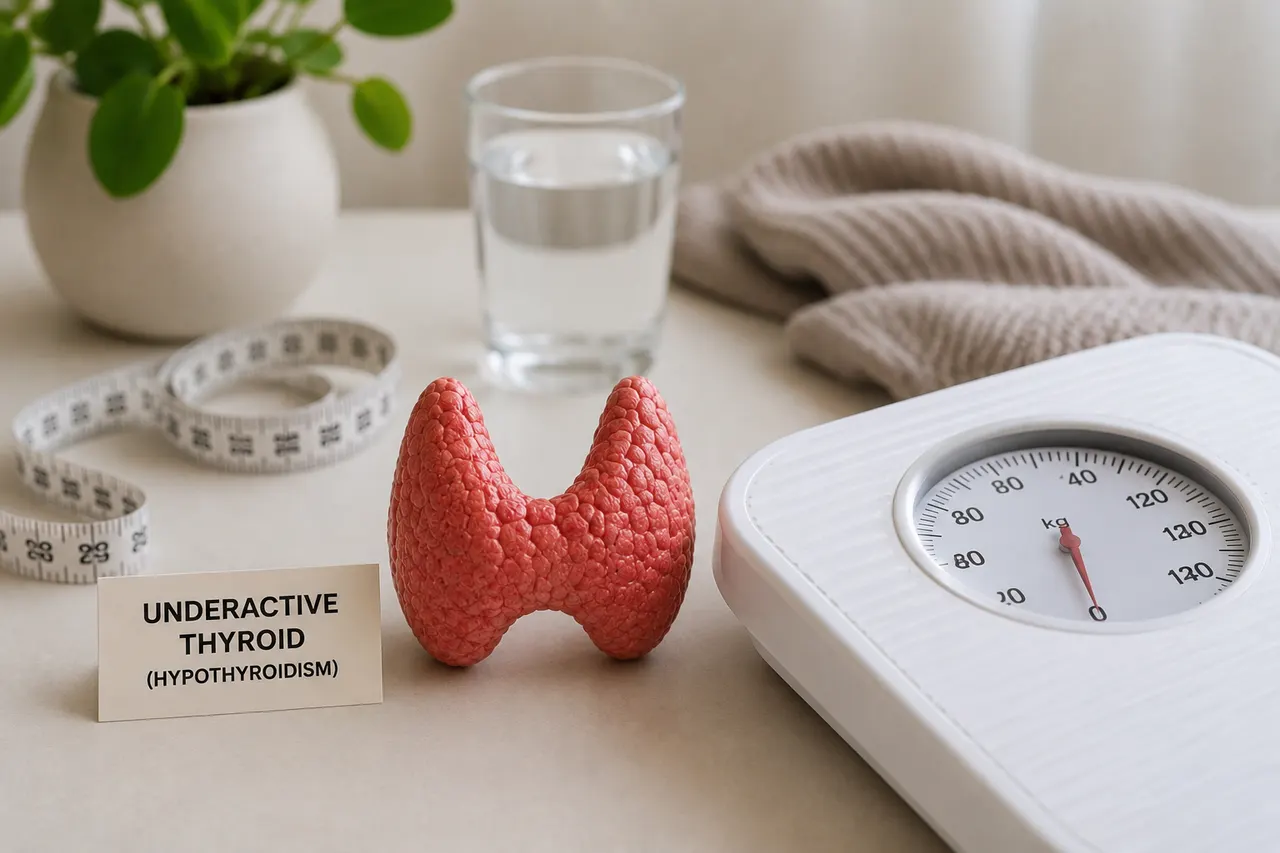Line drawing of a balance scale beside a simple thyroid gland icon