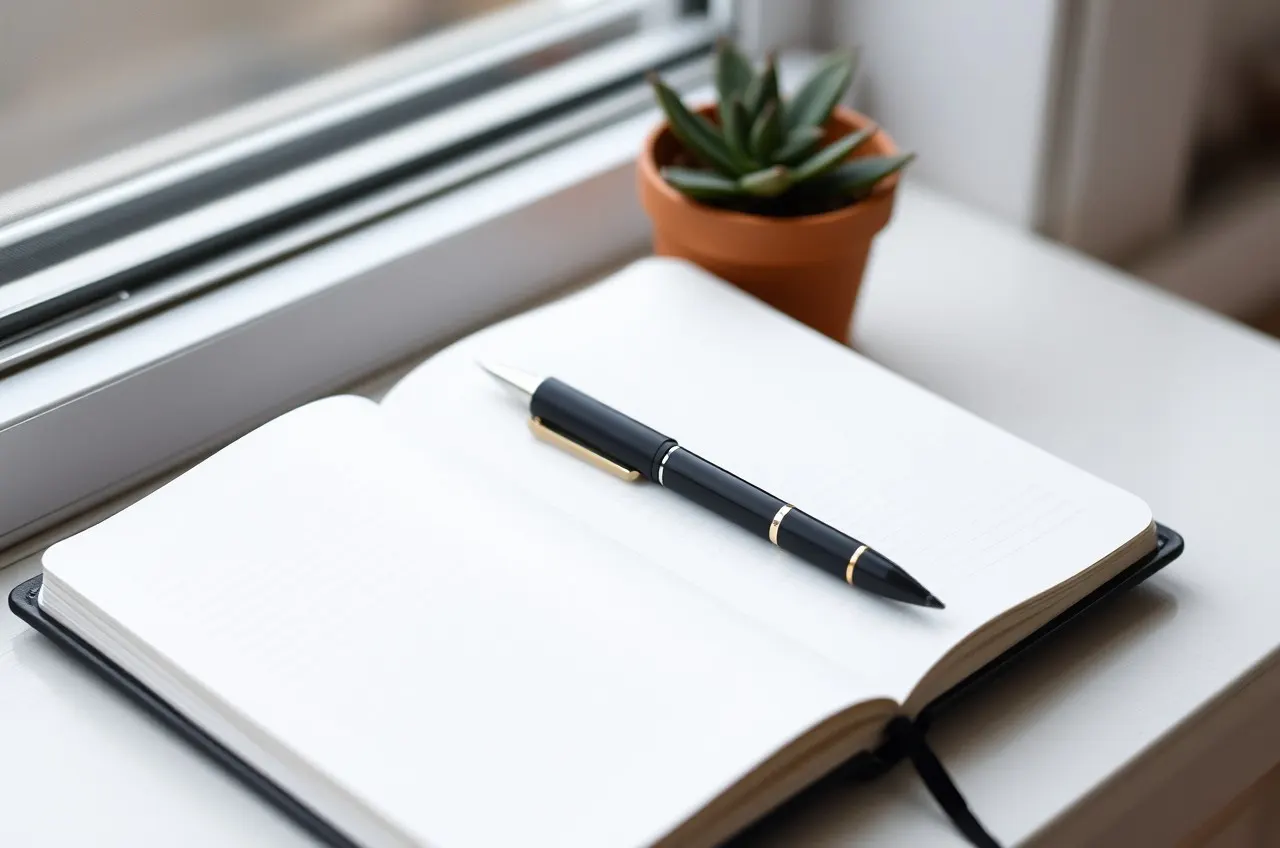 Photograph of a blank notebook open with a pen beside a small potted plant