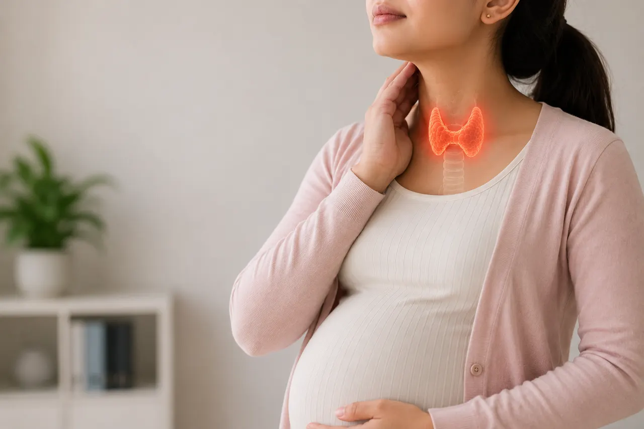 Gentle line illustration of a thyroid gland icon within a soft circular motif