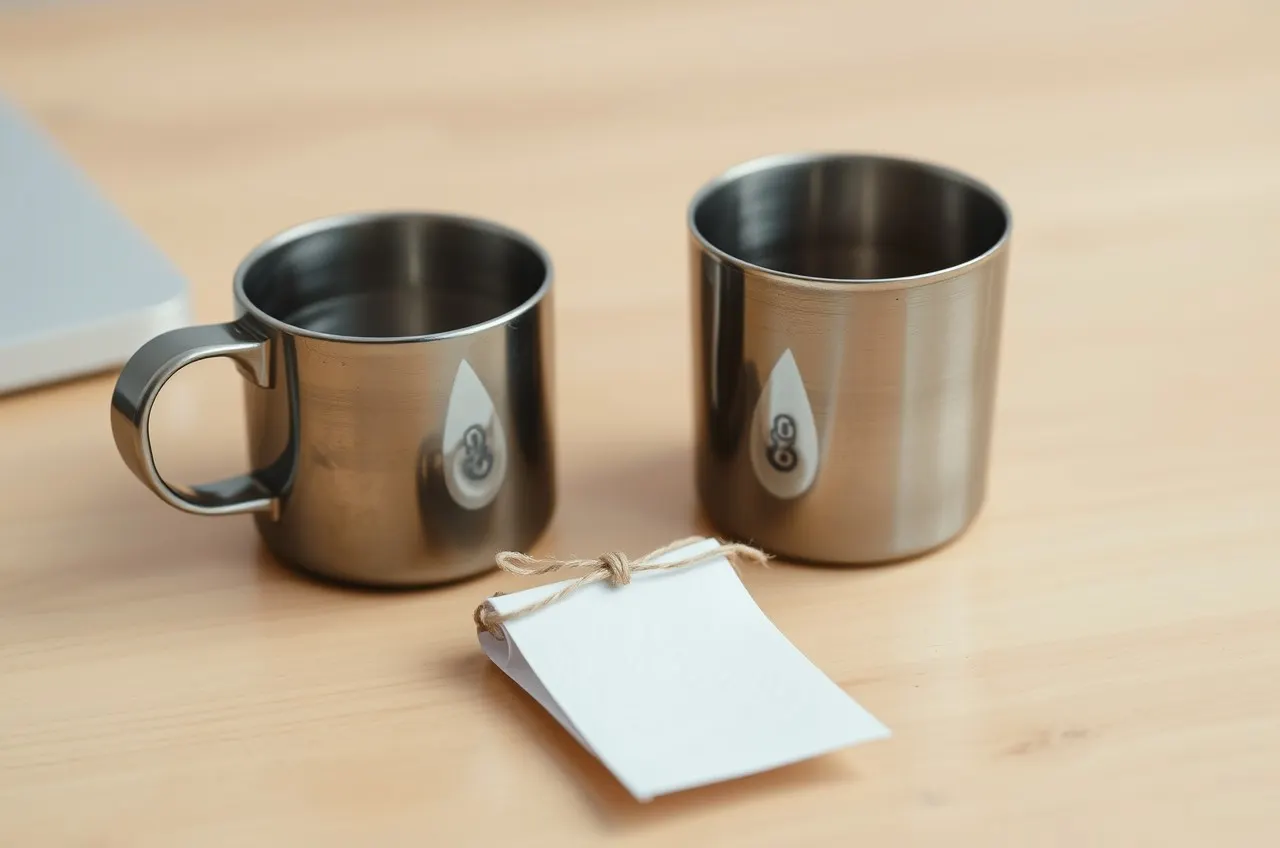 Photograph of a rolled blank paper beside two steel tumblers on a desk