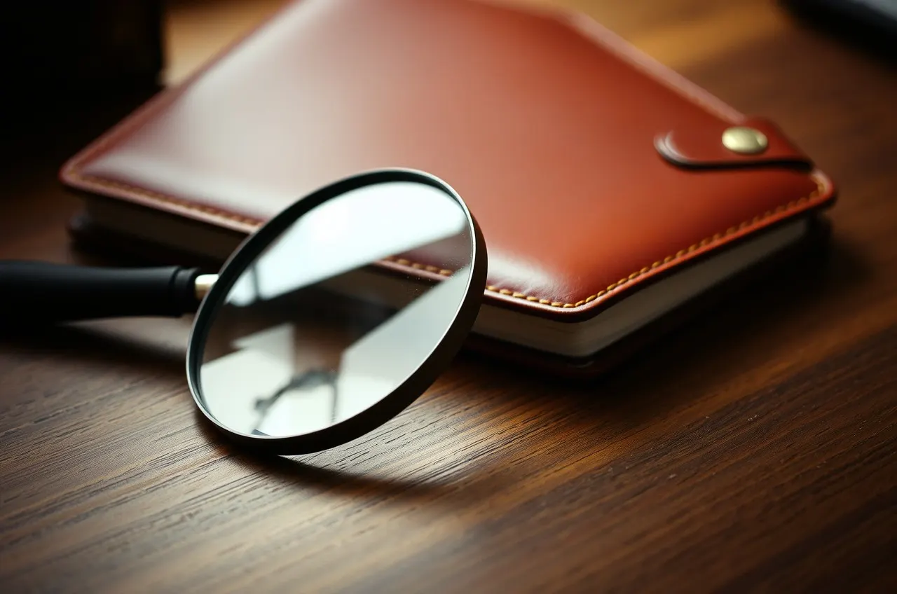 Photograph of a magnifying glass resting beside a closed leather notebook