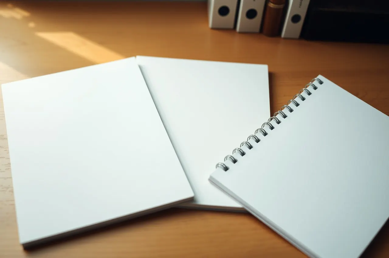 Photograph of three blank notebooks converging toward a single point