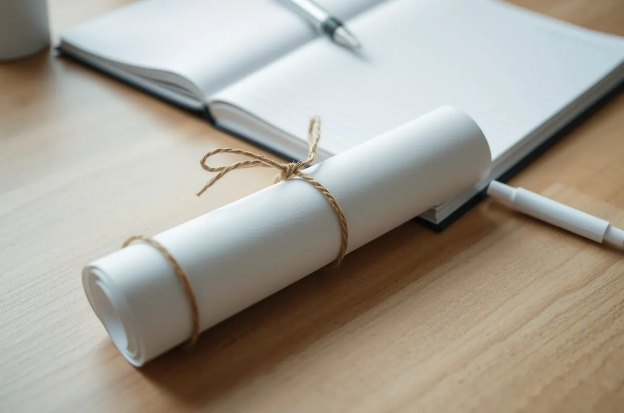 Photograph of a rolled blank paper resting beside a closed notebook
