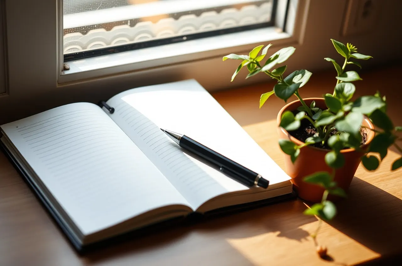 Photograph of an open notebook with a pen beside a small potted plant