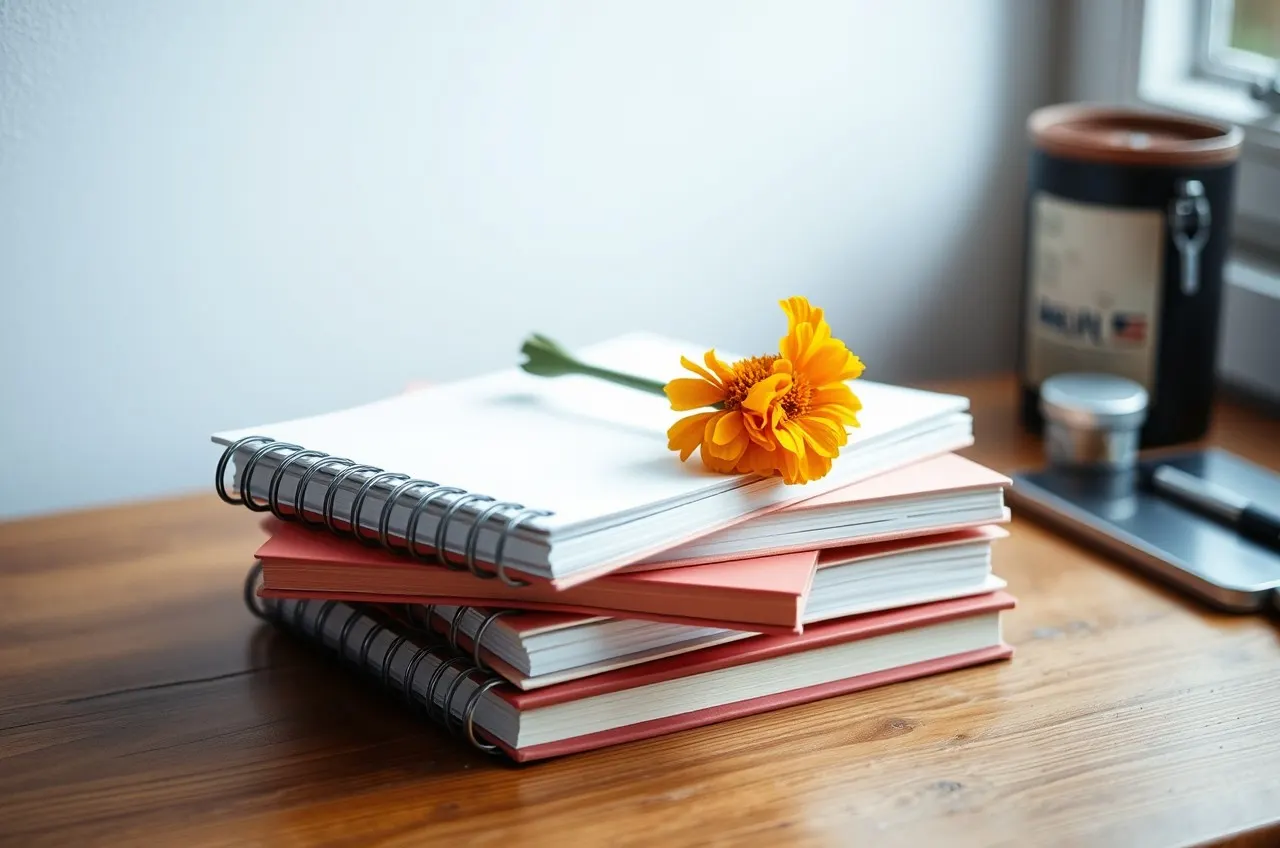 Photograph of stacked notebooks with a marigold flower on top